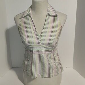 Ann Taylor LOFT White Color Striped 100% Cotton Tie Back Top Size 4p Multicolor